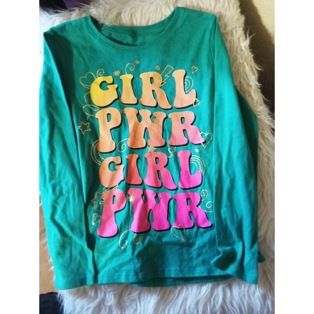The Childrens Place Girls Green Girl Pwr Long Sleeve Graphic Tee Shirt M 7/8